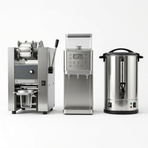 Trọn bộ máy dập nắp cốc tự động, máy định lượng đường 16 mức và bình đun nước nóng